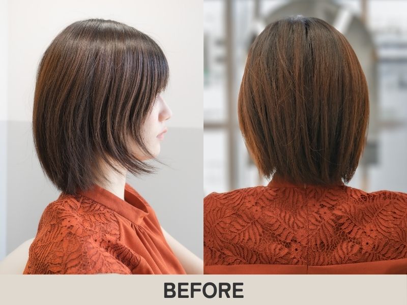 カット前の状態。後頭部が直線的で絶壁に見え、襟足に重さが溜まっている。