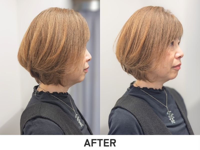 骨格補正カット後の仕上がり。横顔が美しく見える、ボリュームたっぷりの大人ショートスタイル。