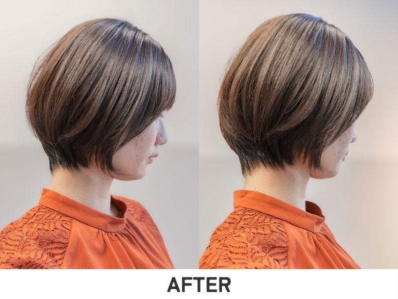 骨格補正カット完成後の仕上がり。360度どこから見てもシルエットが美しい、大人の丸みショートスタイル。