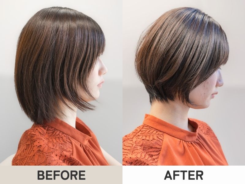 【銀座 ショート実例】絶壁解消カットのビフォーアフター。絶壁が解消され、横顔の印象が若々しく変化。