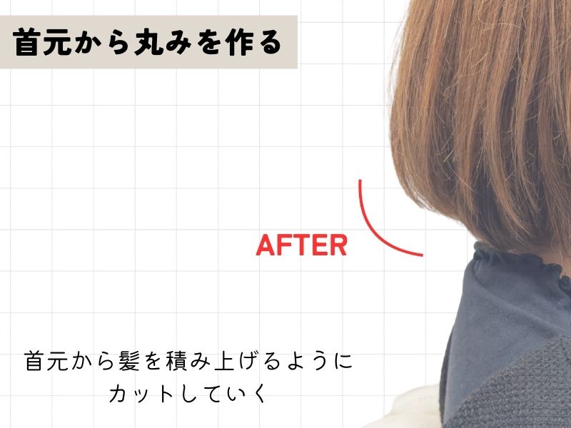 首元から髪を積み上げるようにカットし、絶壁を解消して美しい丸みを作る技術の紹介。