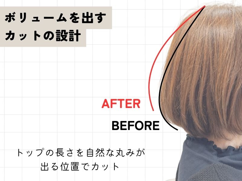 骨格補正カットの設計図。トップの長さを調整し、後頭部に自然な丸みを出すためのポイント解説。